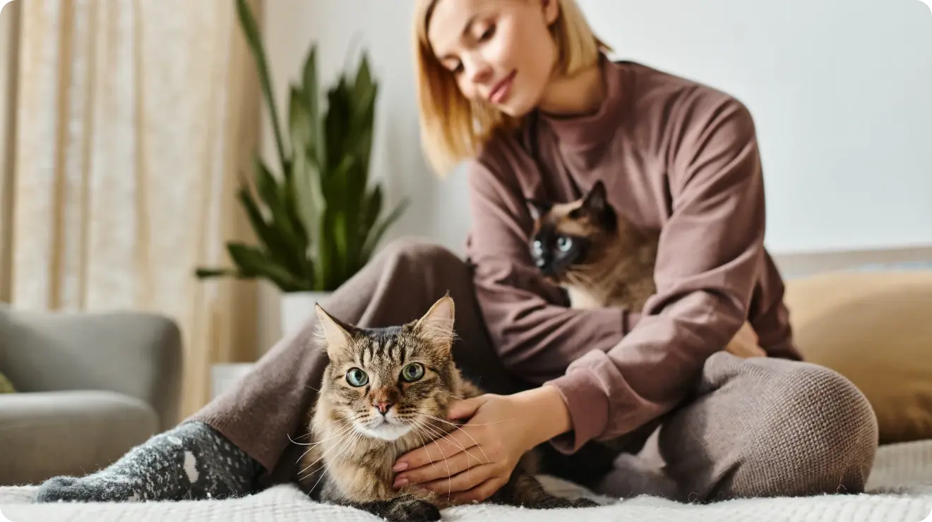Hotel dla kotów  - Kobieta głaszcząca jednego kota oraz obejmująca drugiego